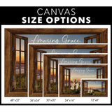 "Amazing Grace" Christian wall decor with mountain cross view, framed as a window / canvas size options.