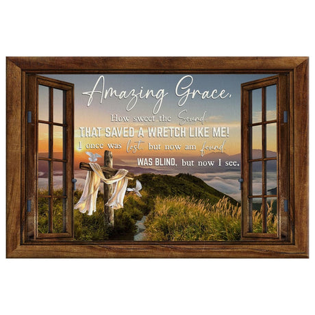 Cross and mountain scene wall art with "Amazing Grace How Sweet the Sound" in a window-style frame.