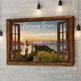 "Amazing Grace How Sweet the Sound" canvas print with cross on a mountain, framed in a window design.