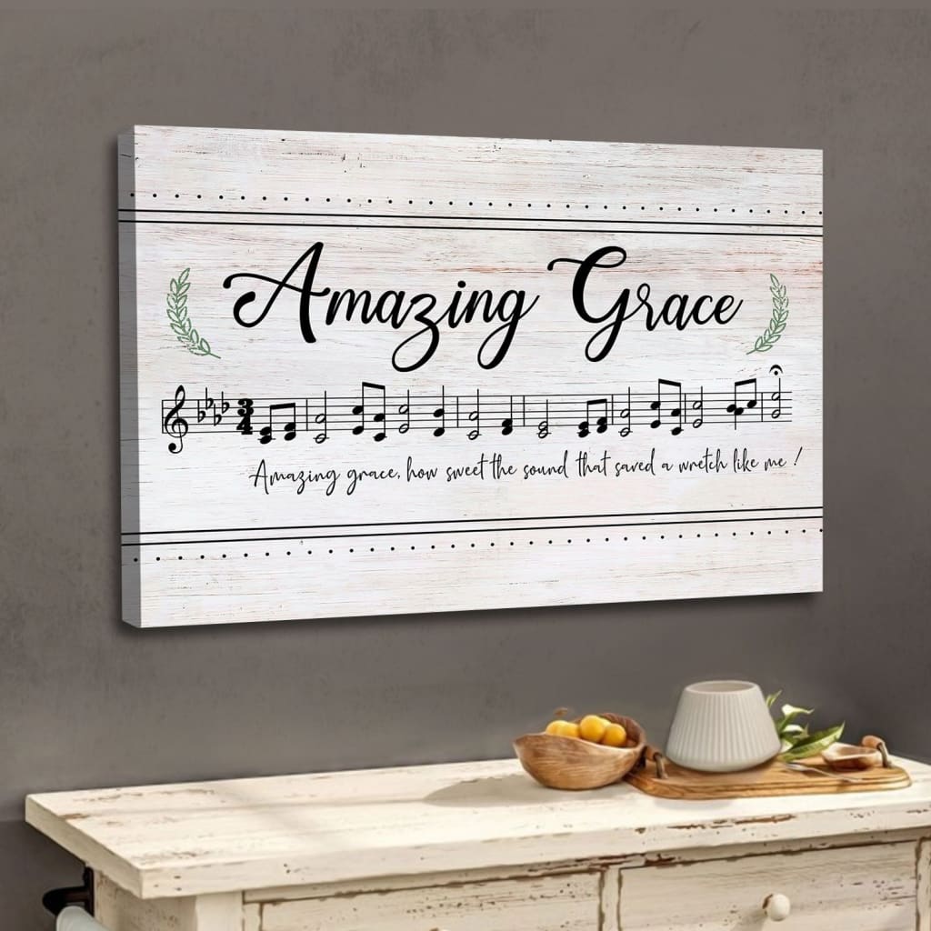 "Amazing Grace How Sweet The Sound" Christian wall art with sheet music and song lyrics, perfect for home decor.
