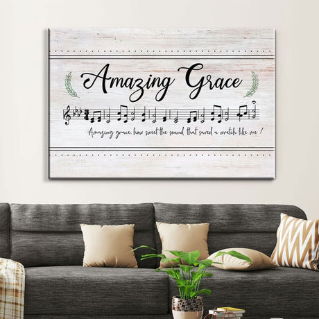 Christian canvas art featuring "Amazing Grace" song lyrics with sheet music, ideal for faith-inspired spaces.