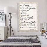 Rustic Joshua 1:9 wall art featuring “Be Strong and Courageous” Bible verse, Christian home decor.