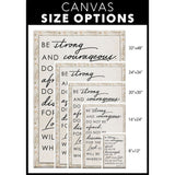 Inspirational Joshua 1:9 canvas art, “Be Strong and Courageous” with rustic wooden frame / size options.