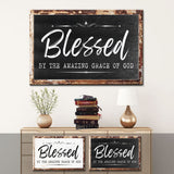 Blessed by the amazing grace of God Christian wall art, rustic border, white and black background, inspirational decor.