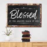 Rustic "Blessed by the Amazing Grace of God" Christian wall art, black background, inspirational gift.