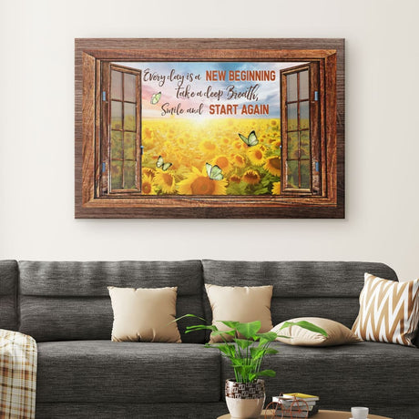 Inspirational canvas print featuring "Every Day Is A New Beginning," ideal Christian wall decor for any home.