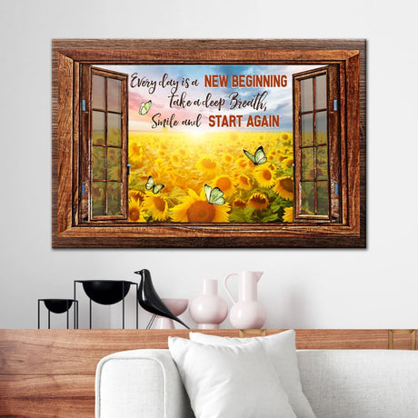 Christian wall art with "Every Day Is A New Beginning" message, perfect for faith-based home decor and inspiration.