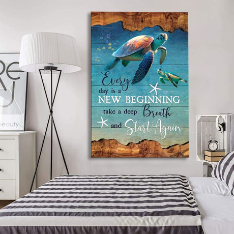 Inspirational sea turtles wall art with "Every day is a new beginning" saying, perfect for Christian gifts.