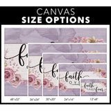 Faith-based "Faith Over Fear" floral wall art canvas print with purple color border, ideal Christian gift / size options.