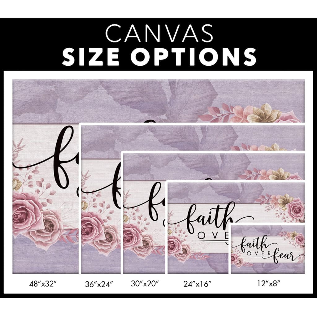 Faith-based &quot;Faith Over Fear&quot; floral wall art canvas print with purple color border, ideal Christian gift / size options.