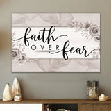 Christian wall art with "Faith Over Fear" floral canvas print, Gray border for faith-based decoration.