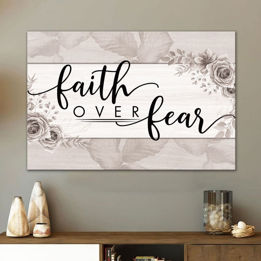 Christian wall art with &quot;Faith Over Fear&quot; floral canvas print, Gray border for faith-based decoration.
