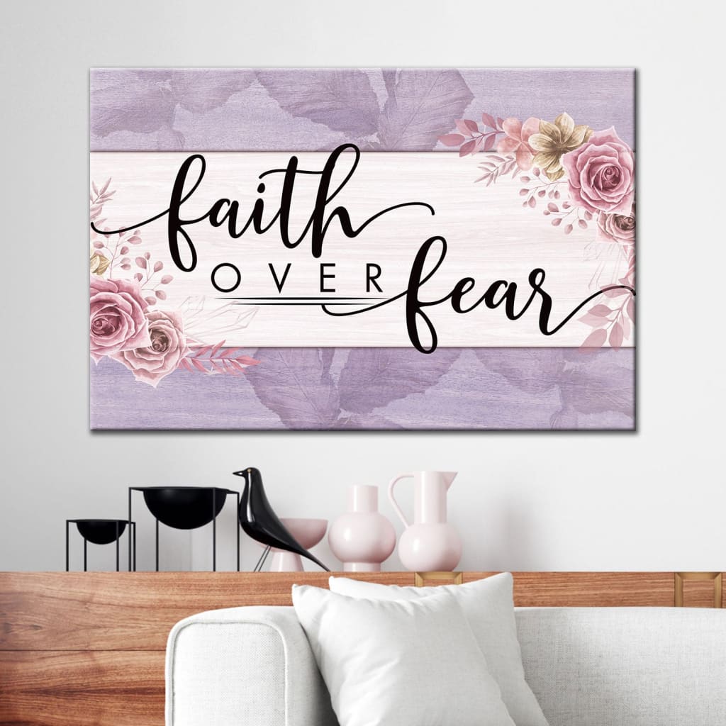 Inspirational "Faith Over Fear" wall art canvas with floral design and Purple color border, ideal for Christian home.