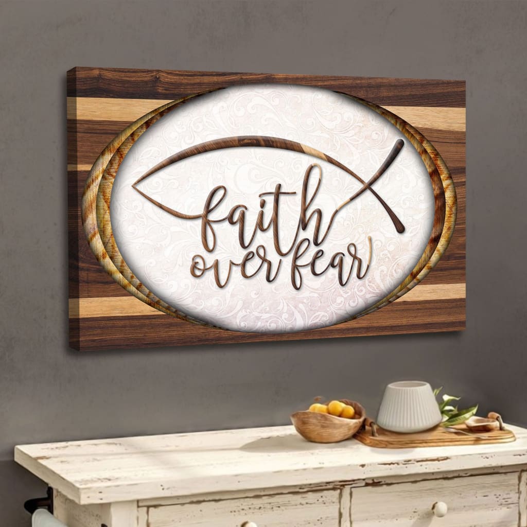 Christian wall art: Faith over fear Jesus fish wall art canvas print Brown / 12 x 8