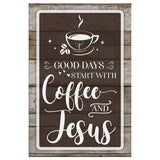 Faith-based rustic wall art displaying "Good Days Start With Coffee And Jesus," great religious decor for Christian homes.