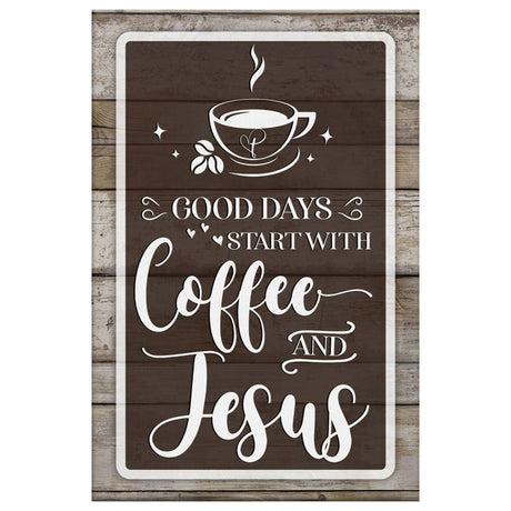 Faith-based rustic wall art displaying "Good Days Start With Coffee And Jesus," great religious decor for Christian homes.