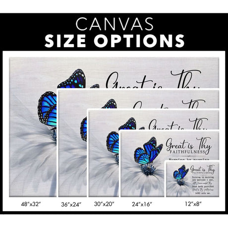 Faith-based "Great Is Thy Faithfulness" canvas print with a butterfly on a flower for Christian home decor / size options.