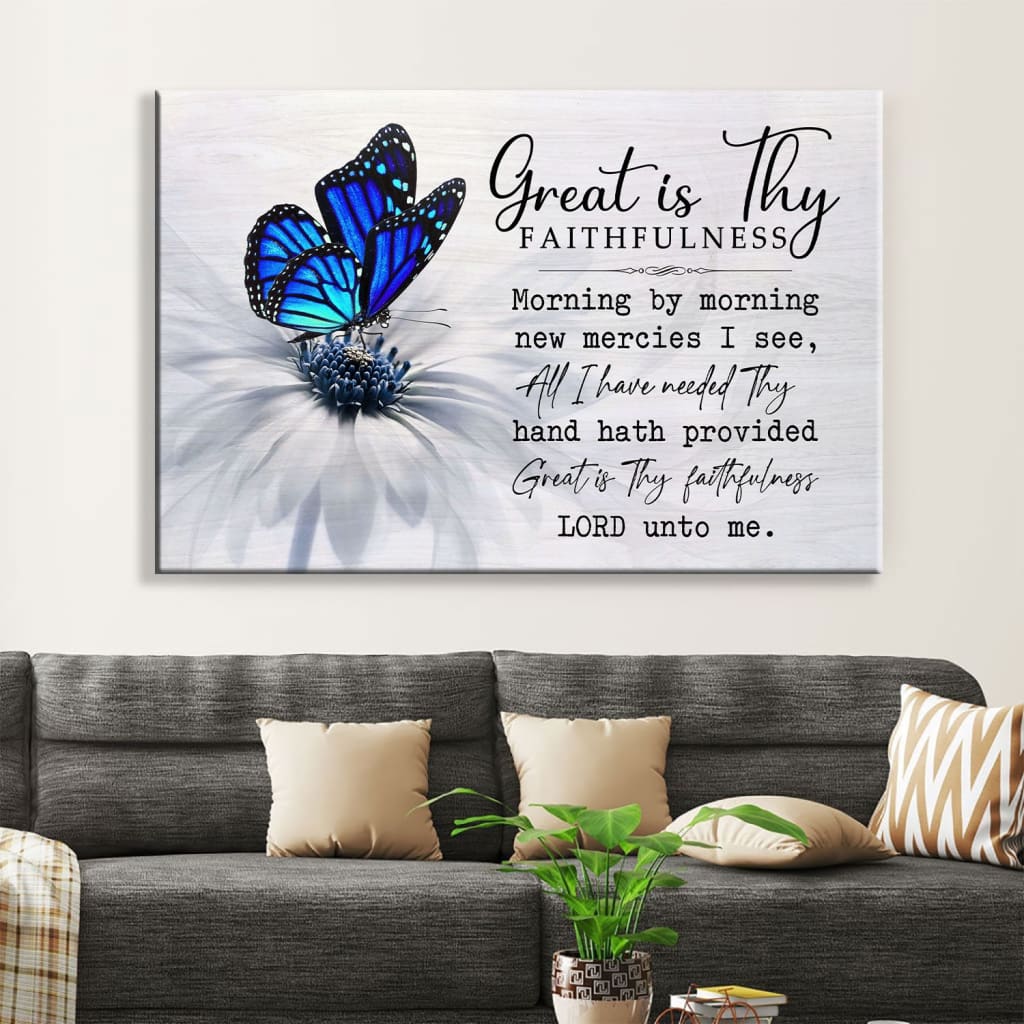 "Great Is Thy Faithfulness" wall art canvas with a butterfly on a flower, perfect Christian decor.