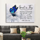 "Great Is Thy Faithfulness" wall art canvas with a butterfly on a flower, perfect Christian decor.
