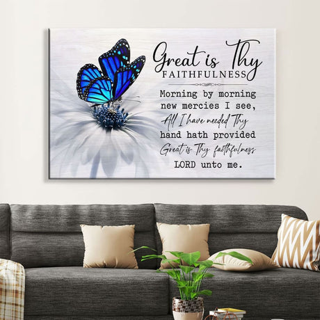 "Great Is Thy Faithfulness" wall art canvas with a butterfly on a flower, perfect Christian decor.