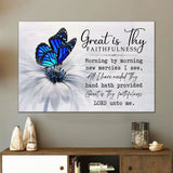 Christian wall art with "Great Is Thy Faithfulness" on canvas, featuring a butterfly on a flower.