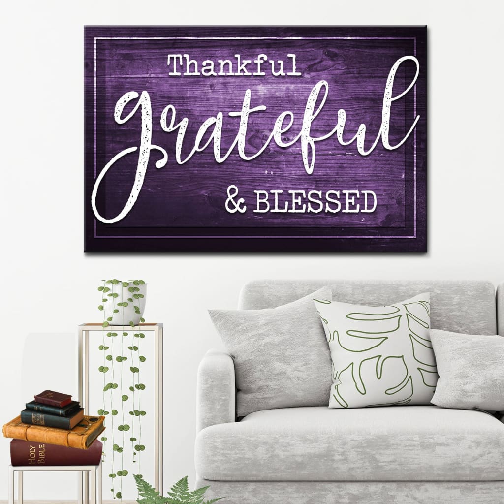 Inspirational "Thankful Grateful Blessed" wall art on rustic Purple wooden background, perfect Christian decor.