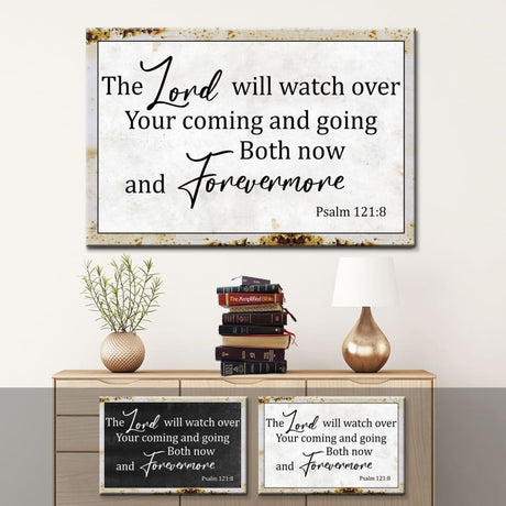Psalm 121:8 wall art canvas print with the verse "The Lord Will Watch Over Your Coming and Going," featuring a rustic border, perfect Christian decor.