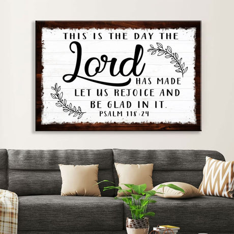 Christian wall art, "This Is The Day The Lord Has Made" Bible verse print with white background and rustic border.