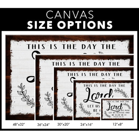 White canvas with "This Is The Day The Lord Has Made," rustic border, Christian wall decor / canvas size options.