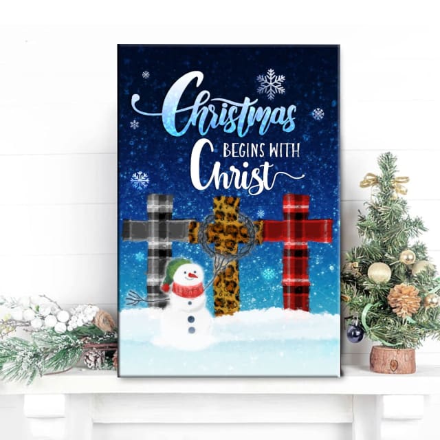 Christmas begins with Christ Cross snowman Christmas wall art canvas