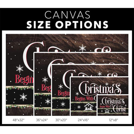 Religious Christmas wall art canvas with "Christmas Begins With Christ," featuring Jesus' birth, perfect for faith-filled holiday home decor - Canvas size options.