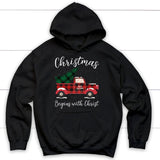 Christmas begins with Christ plaid truck Christian hoodie Black / S