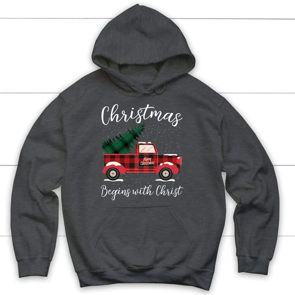 Christmas begins with Christ plaid truck Christian hoodie Dark Heather / S