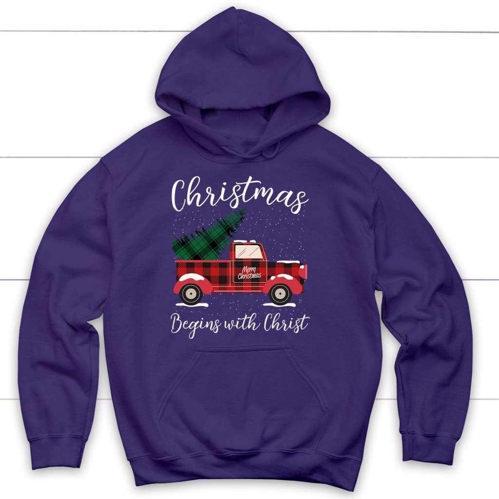 Christmas begins with Christ plaid truck Christian hoodie Purple / S