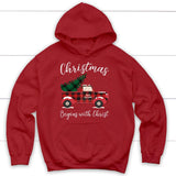 Christmas begins with Christ plaid truck Christian hoodie Red / S