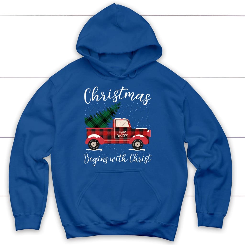 Christmas begins with Christ plaid truck Christian hoodie Royal Blue / S