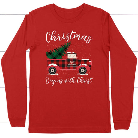 Christmas begins with Christ plaid truck Christian long sleeve t-shirt Red / S