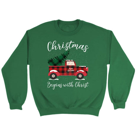 Christmas begins with Christ plaid truck Christian sweatshirt Irish Green / S