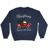Christmas begins with Christ plaid truck Christian sweatshirt Navy / S