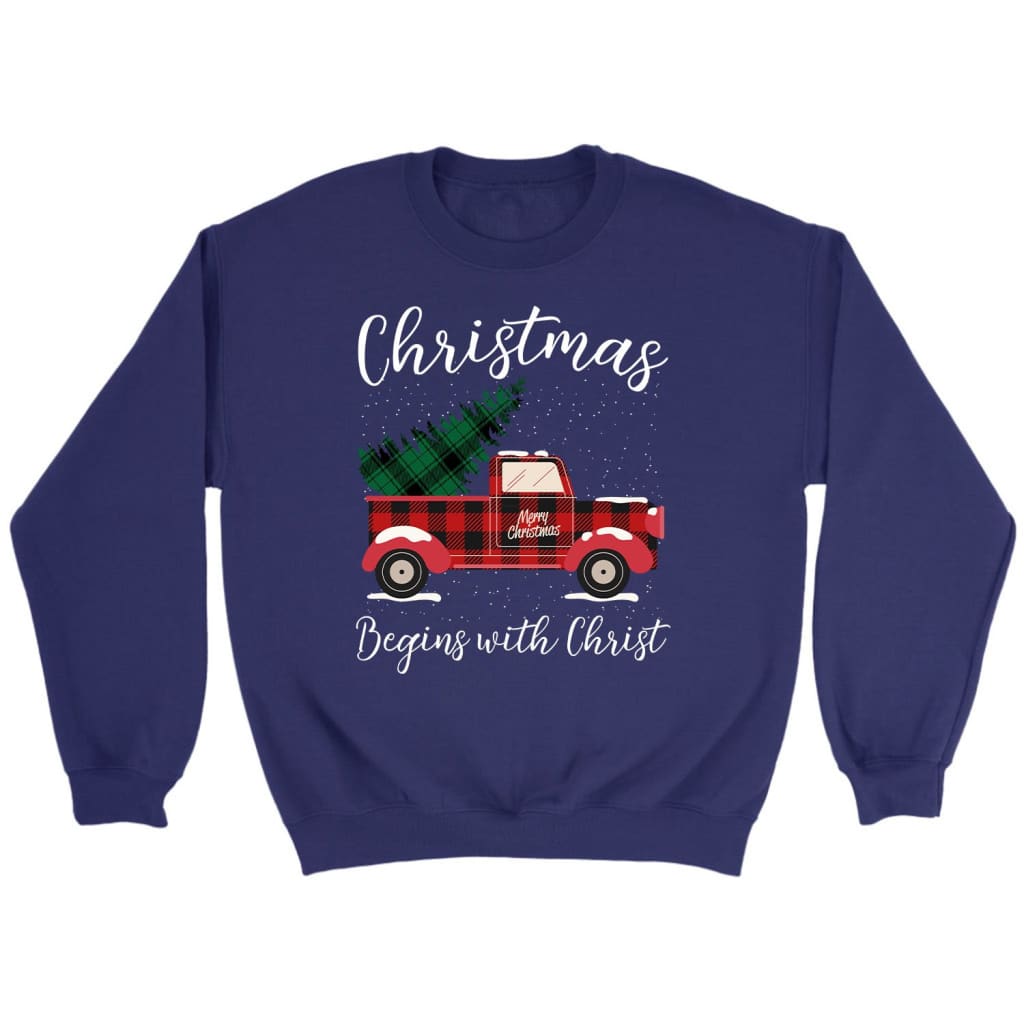 Christmas begins with Christ plaid truck Christian sweatshirt Purple / S