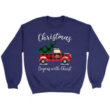 Christmas begins with Christ plaid truck Christian sweatshirt Purple / S