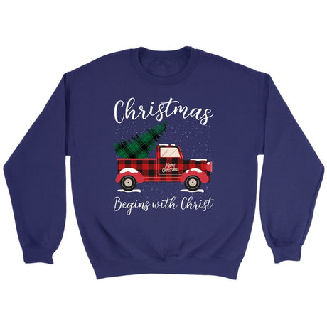 Christmas begins with Christ plaid truck Christian sweatshirt Purple / S
