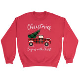 Christmas begins with Christ plaid truck Christian sweatshirt Red / S