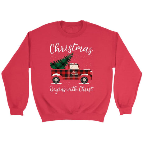 Christmas begins with Christ plaid truck Christian sweatshirt Red / S
