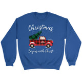 Christmas begins with Christ plaid truck Christian sweatshirt Royal / S