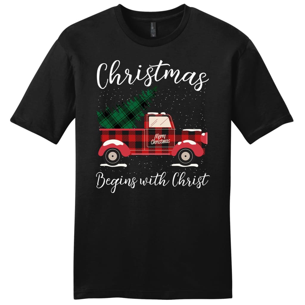 Christmas begins with Christ plaid truck men’s Christian t-shirt Black / S