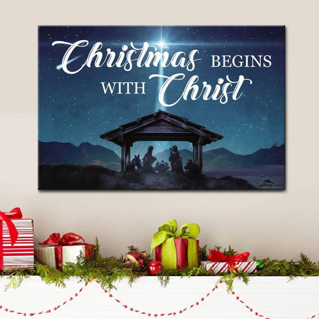 Christian Christmas wall decor featuring "Christmas Begins With Christ" and the birth of Jesus, perfect faith-based Christmas gift.
