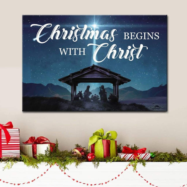 Christian Christmas wall decor featuring "Christmas Begins With Christ" and the birth of Jesus, perfect faith-based Christmas gift.