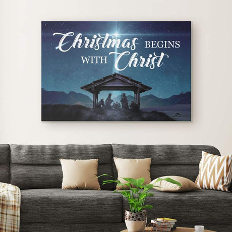 Inspirational wall art with "Christmas Begins With Christ" and the birth of Jesus, ideal Christian Christmas wall art for homes.