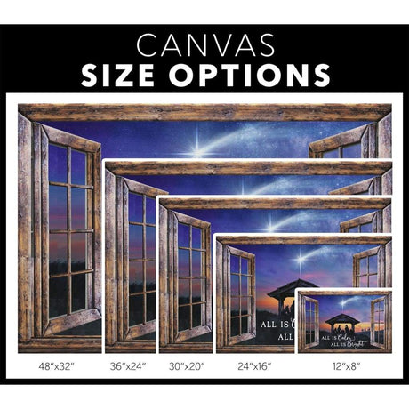 Religious Christmas wall art canvas with "All Is Calm All Is Bright," Jesus' birth in a window frame, perfect for faith-filled holiday decor.